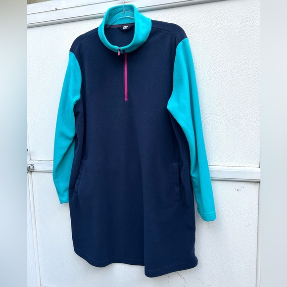 Lands End Fleece Dress Womens XL/P Color Block Blue 1/4 Zip Lounge Cozy Pockets - Picture 5 of 10